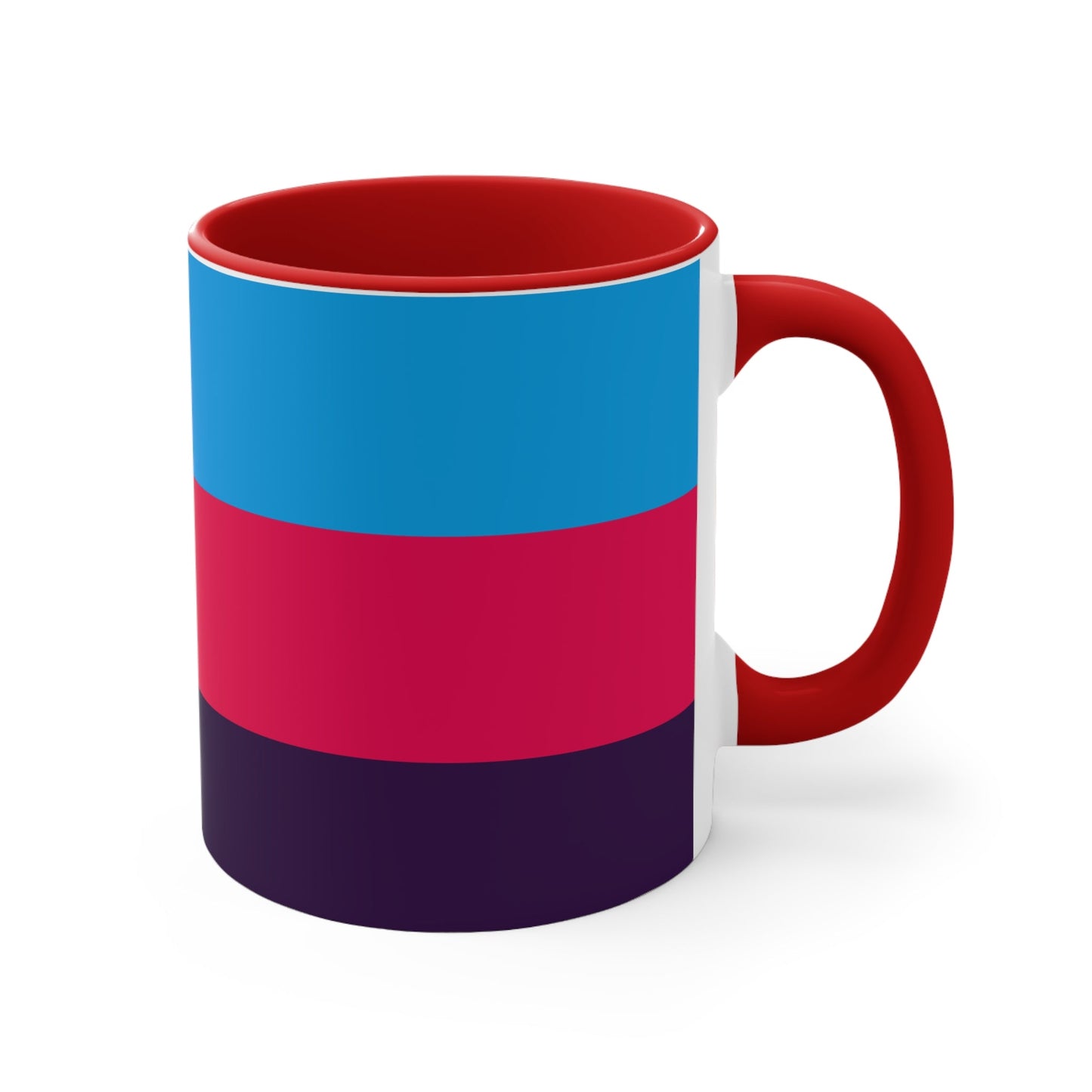 The Polyamory Pride Flag cup - colorful accent mug by Printify features a white coffee mug with a red handle and a vibrant interior. The exterior design showcases a colorful heart on a white background, accompanied by distinctive elements including a blue triangle, pink stripe, and purple stripe.