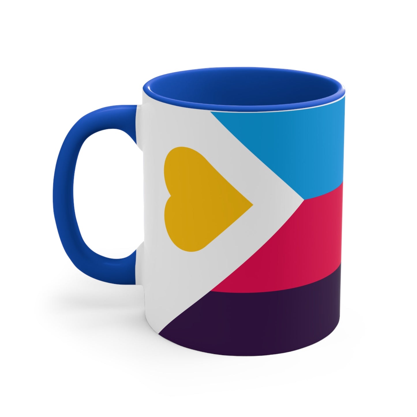 The Polyamory Pride Flag cup - colorful accent mug by Printify features a white coffee mug with a red handle and a vibrant interior. The exterior design showcases a colorful heart on a white background, accompanied by distinctive elements including a blue triangle, pink stripe, and purple stripe.