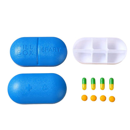 A 6-part pill organizer set  The set includes two blue pill boxes (one filled, one empty) with white compartment dividers and five capsules and five tablets.