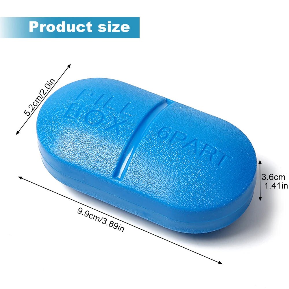 Blue 6-part pill box shown on a white background with dimension arrows and labels indicating its measurements.