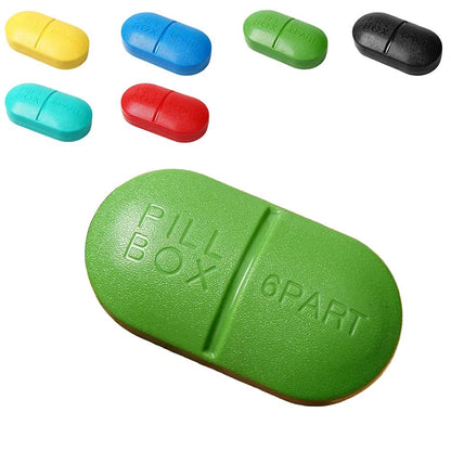 A hand holds a green pill box capsule with the words 'PILL BOX' and '6PART' molded into it. Six smaller capsule-shaped color variants appear above 