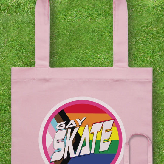 Original design Gay Skate, queer and trans printed tote bag in black or pink. AS Colour large heavy canvas tote for LGBTIQAP+skaters, skateboarders, roller skaters, roller derby, figure skater, hockey, ice skating and speed skating.