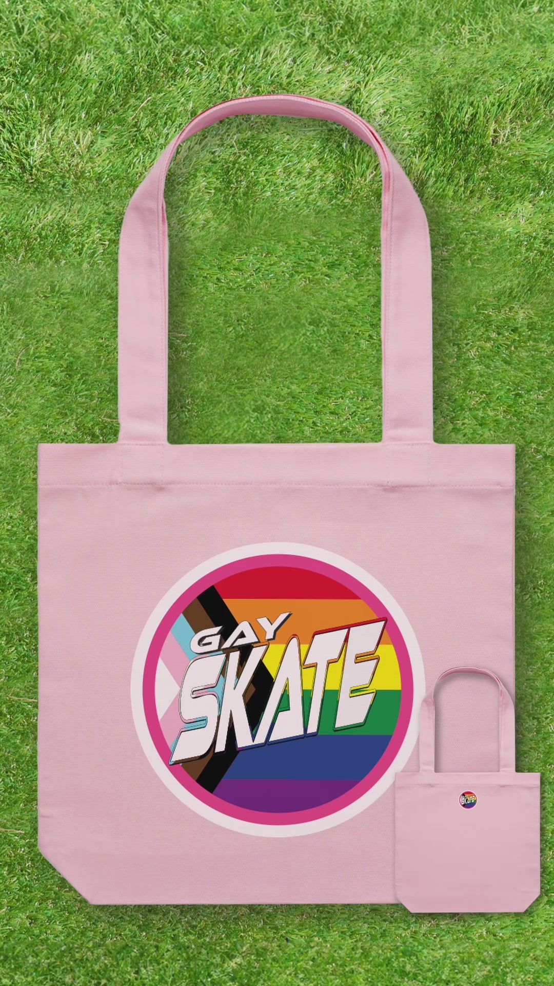 Original design Gay Skate, queer and trans printed tote bag in black or pink. AS Colour large heavy canvas tote for LGBTIQAP+skaters, skateboarders, roller skaters, roller derby, figure skater, hockey, ice skating and speed skating.