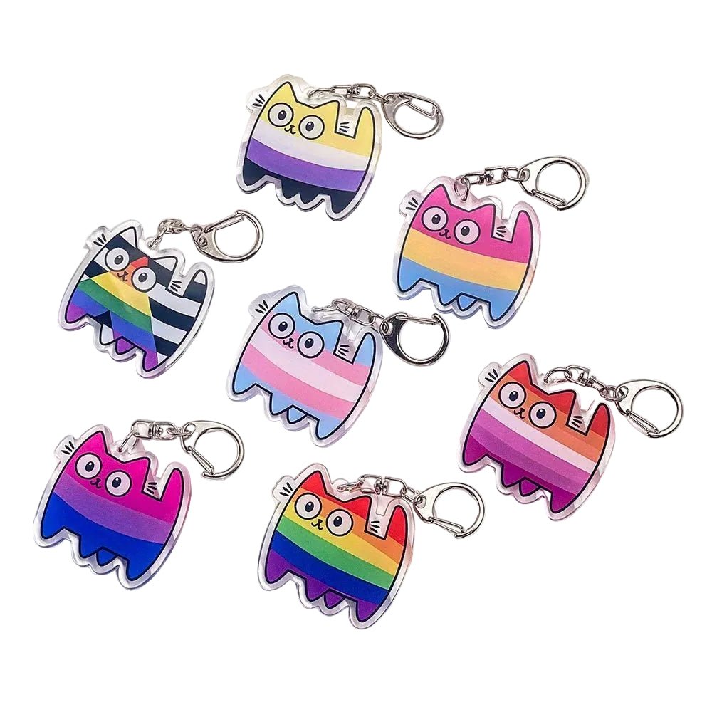 Pride Flag cat acrylic key ring: rainbow, trans, enby, lesbian, pan, bi, ally flag. Colourful cute kitten keyring