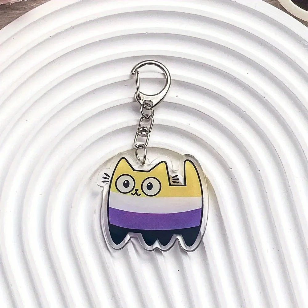 Keychain with a cartoon cat design -Non-binary Pride Flag Cat Keyring
