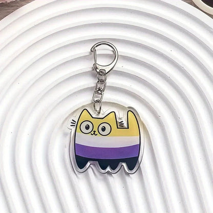 Keychain with a cartoon cat design -Non-binary Pride Flag Cat Keyring