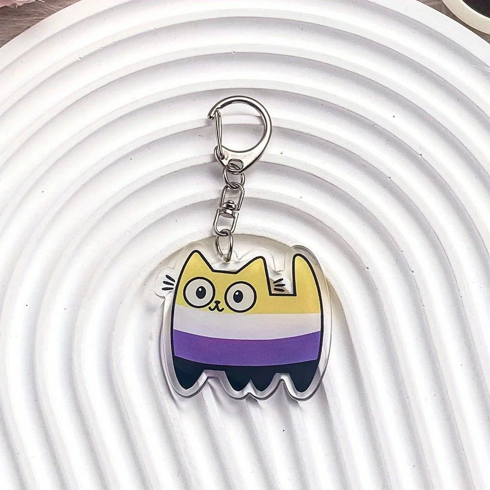 Keychain with a cartoon cat design - non binary flag

