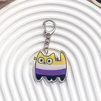 Keychain with a cartoon cat design - non binary flag
