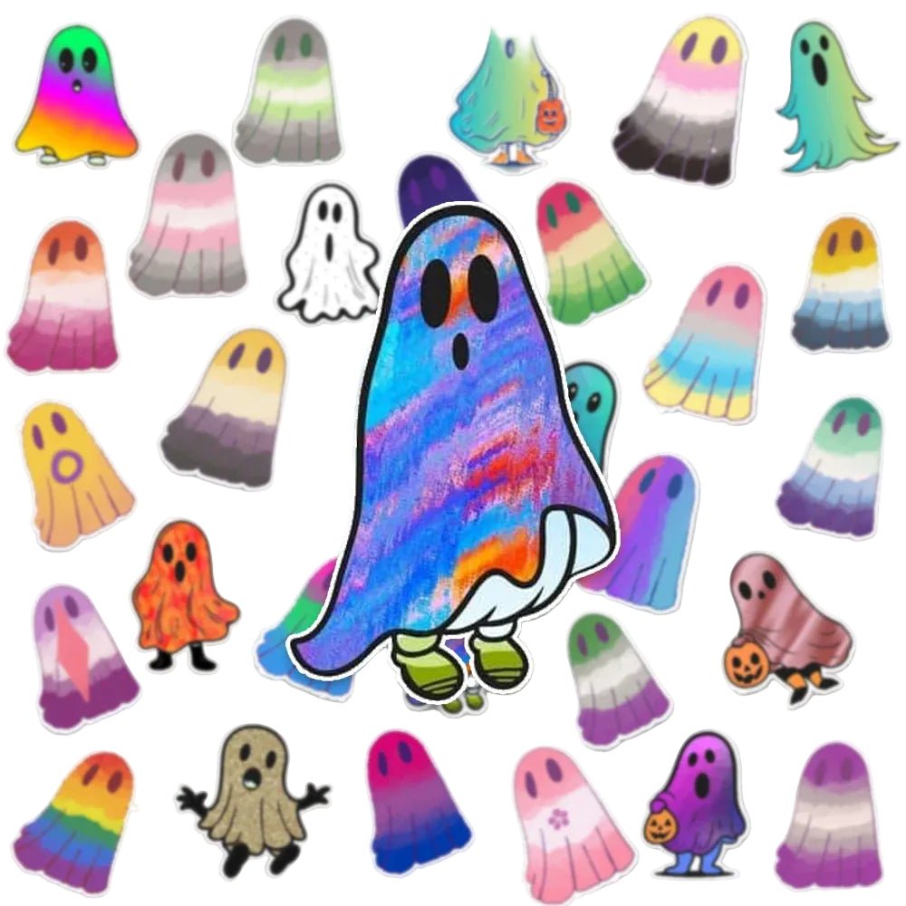 Vinyl stickers featuring various pride flag ghost designs in different colors and styles