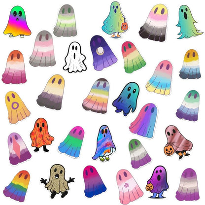 Vinyl stickers featuring various pride flag ghost designs in different colors and styles
