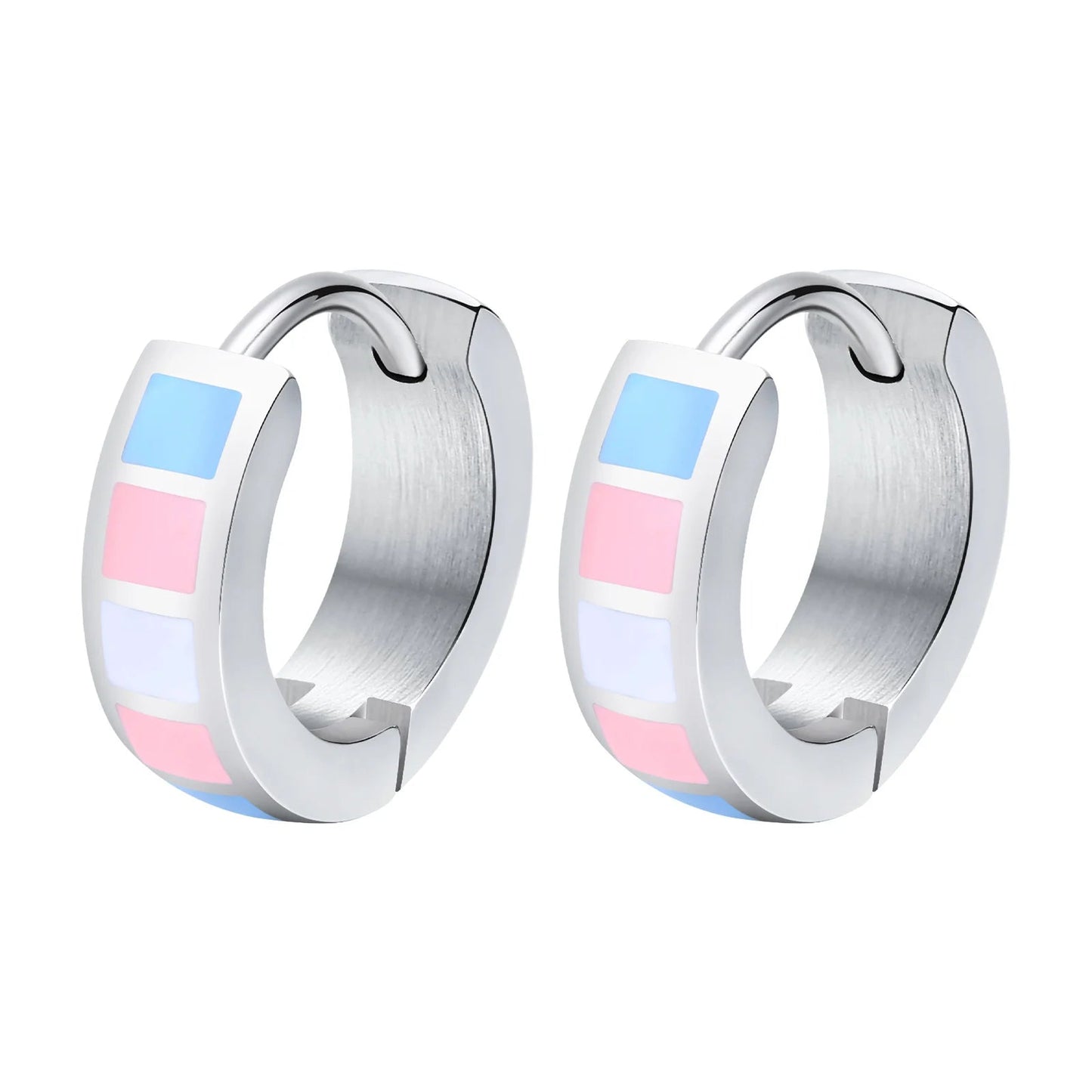 Pair of trans pride flag hoop earrings with colorful pink blue white striped design 