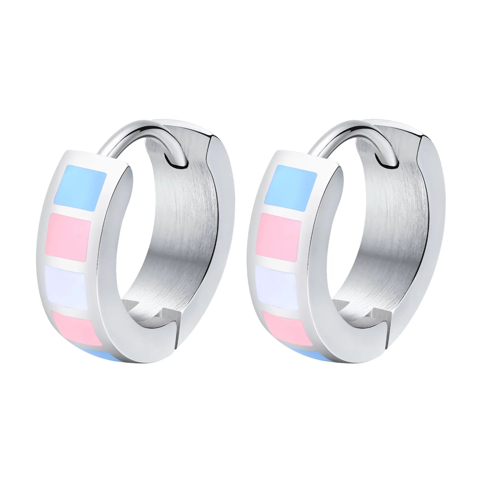 Pair of trans pride flag hoop earrings with colorful pink blue white striped design 