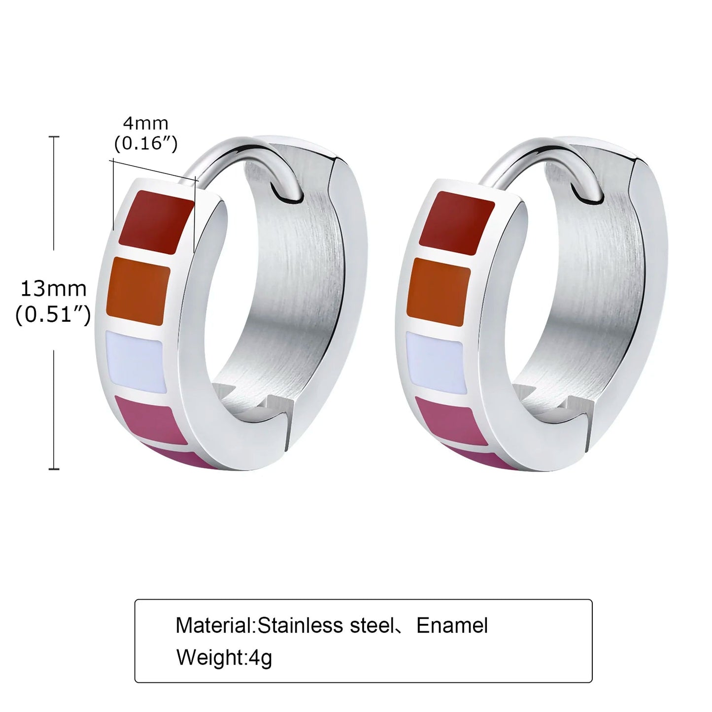 Silver hoop earrings with pride flag square stones and measurements