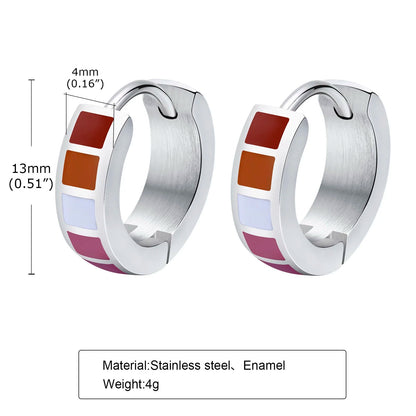 Silver hoop earrings with pride flag square stones and measurements
