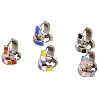 Five silver-toned huggie hoop earrings with colorful geometric enamel iPride Flag inlays - lesbian, biseuxal, non-binary, asexual, transgender pride flags