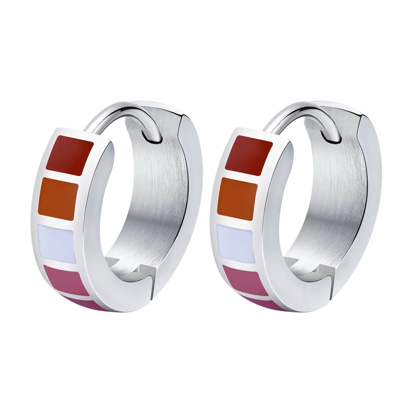 Pair of lesbian pride flag hoop earrings with red, orange, white and pink square design