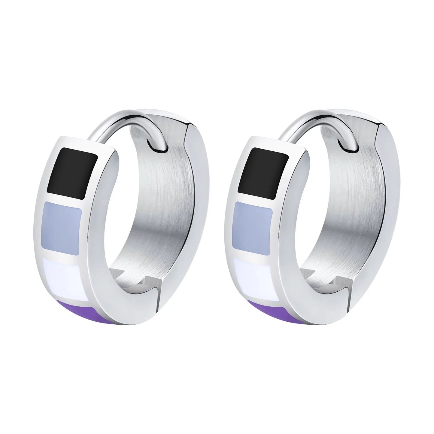 Pair of silver hoop earrings with asexual pride flag: black and purple accents