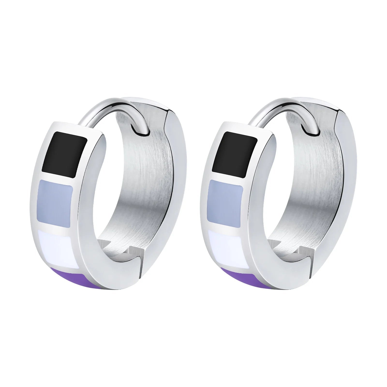 Pair of silver hoop earrings with asexual pride flag: black and purple accents