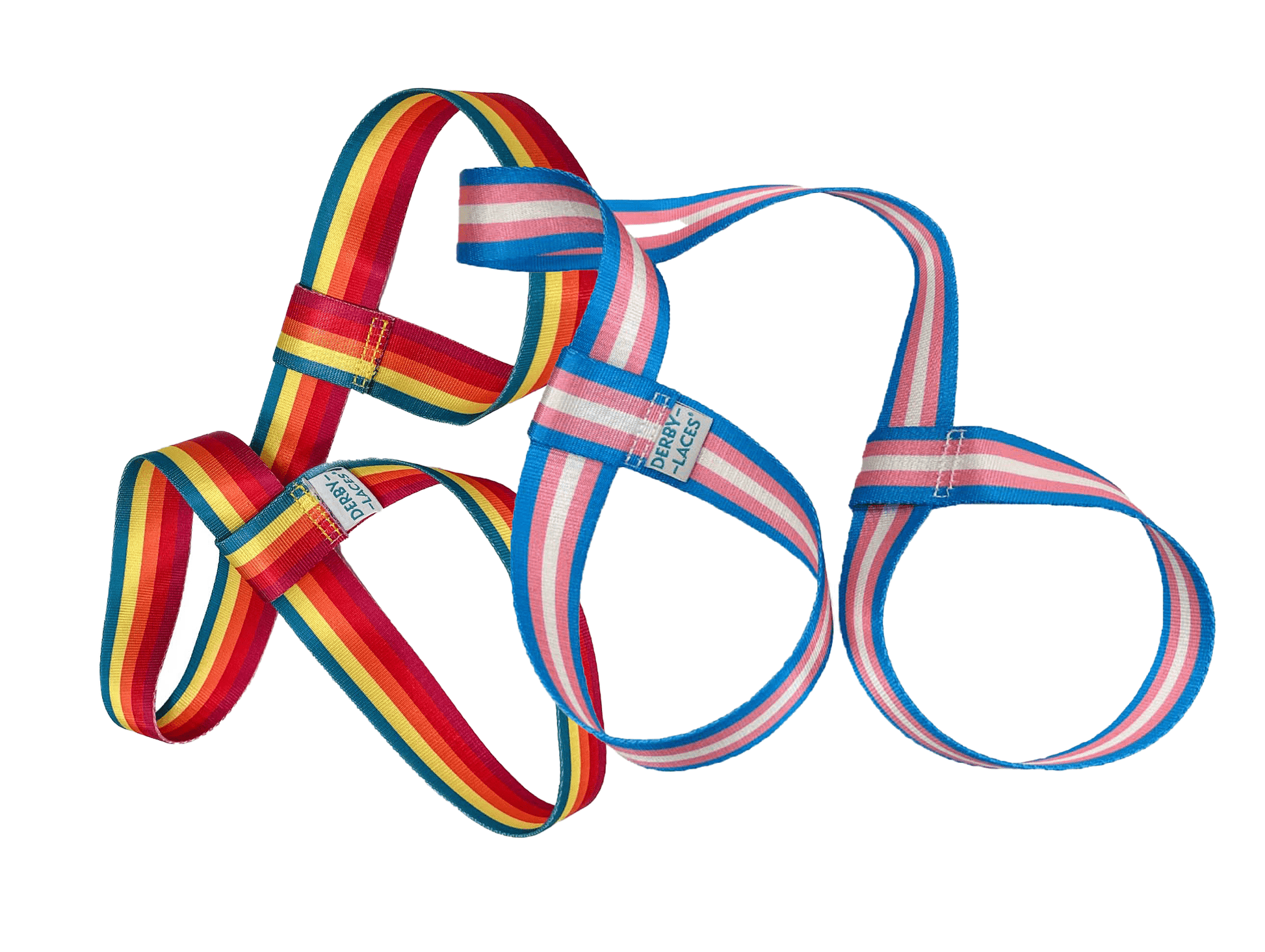 Three elastic resistance bands are shown, each featuring unique striped color patterns: one with the rainbow flag, one with the Trans flag, and one with the Non-Binary flag. Each band has a looped design that can double as a yoga mat strap, making them useful for stretching or exercise routines. These bands are branded under Gay Skate and named Pride Skate Leash – Gear strap.