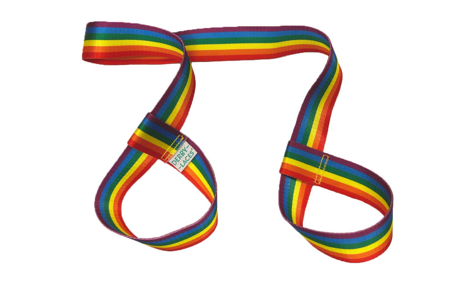 Three skate leashes are shown, each featuring unique striped color patterns: one with the rainbow flag, one with the Trans flag, and one with the Non-Binary flag. Each band has a looped design that can double as a yoga mat strap. These  skate nooses are branded under Gay Skate and named Pride Skate Leash – Gear strap.