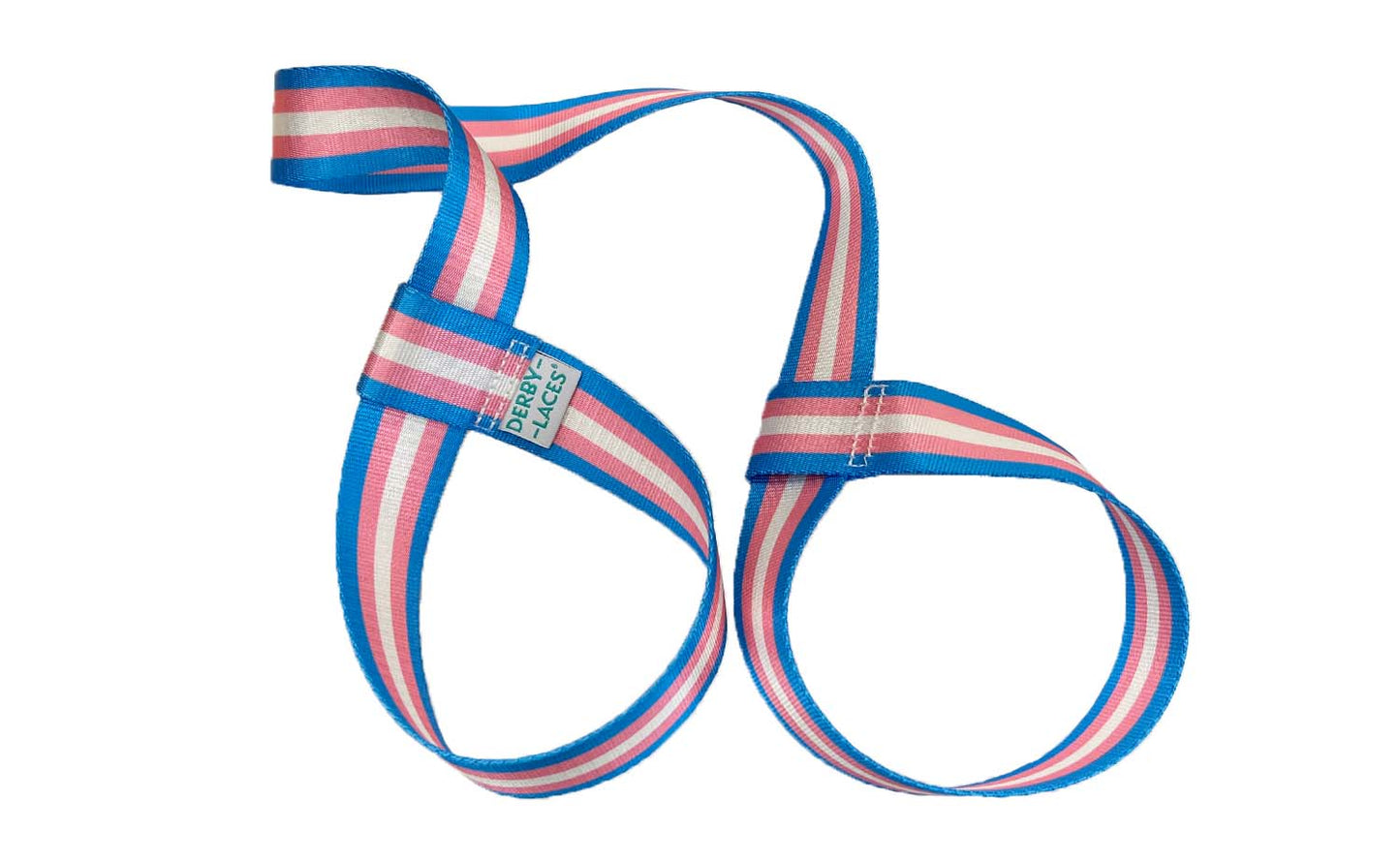 Three skate leashes are shown, each featuring unique striped color patterns: one with the rainbow flag, one with the Trans flag, and one with the Non-Binary flag. Each band has a looped design that can double as a yoga mat strap. These  skate nooses are branded under Gay Skate and named Pride Skate Leash – Gear strap.