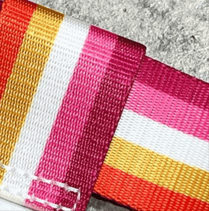 A close-up of two overlapping Pride Skate Leash gear straps, featuring horizontal stripes in red, orange, yellow, white, and pink—colors of the Lesbian flag—resting on a rough gray surface.