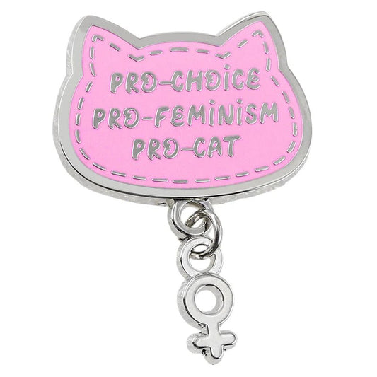 Pink cat-shaped enamel pin with 'PRO-CHOICE PRO-FEMINISM PRO-CAT' text 