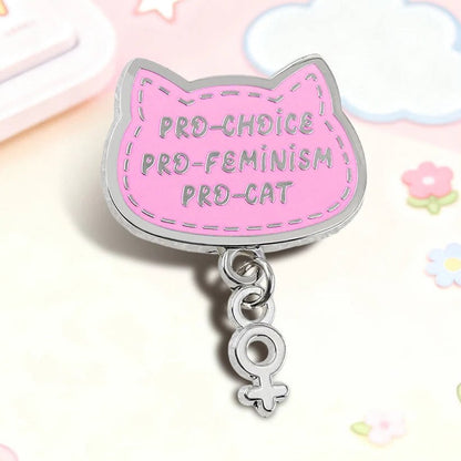 Cat-shaped charm with 'Pro-Choice Pro-Feminism Pro-Cat' text and charm