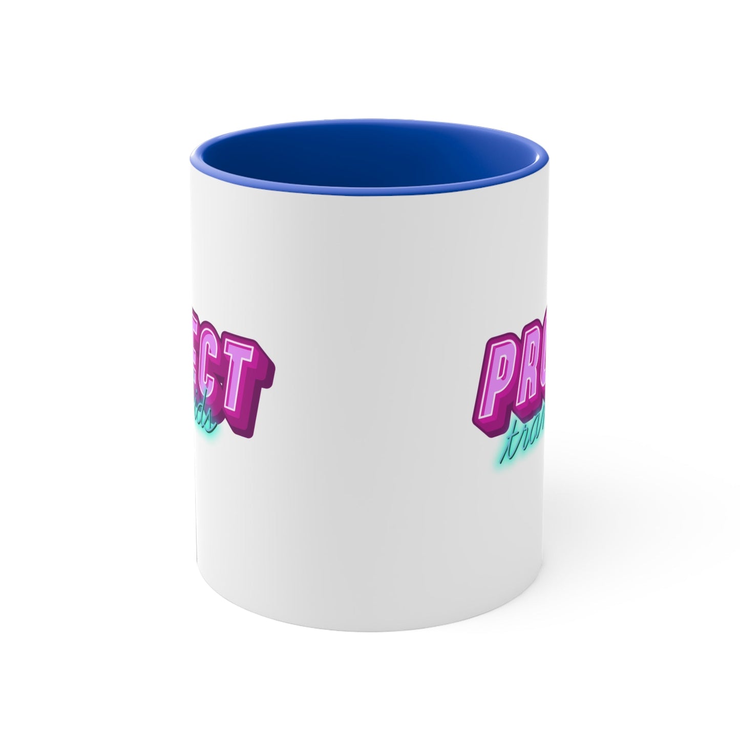 The Protect Trans Kids colourful accent mug by Printify is a white ceramic mug with a black handle and inner rim. It features a vibrant design that says "PROTECT trans kids" in bold, gradient lettering. The word "PROTECT" is in pink and purple, while "trans kids" is in teal, showcasing transgender pride.