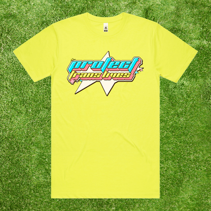 Fluro Yellow AS Colour t-shirt with 'Protect Trans Lives' graphic