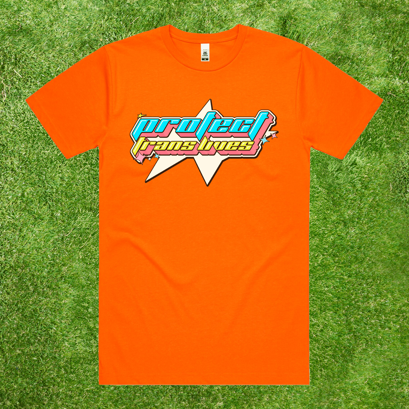 AS Colour Fluro Orange t-shirt with a colorful graphic design: Protect Trans Lives