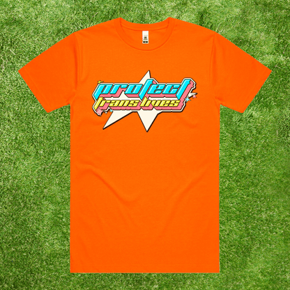 AS Colour Fluro Orange t-shirt with a colorful graphic design: Protect Trans Lives