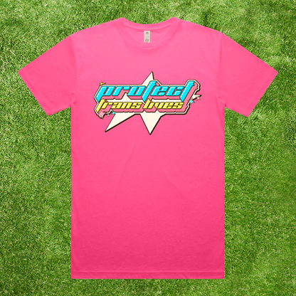 AS Colour Bright Pink t-shirt with 'Protect Trans Lives' graphic 