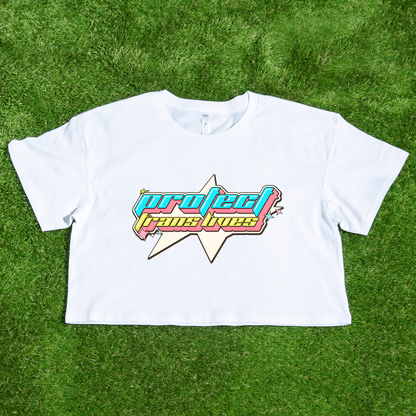 White crop tee with Y2K PROTECT TRANS LIVES design print