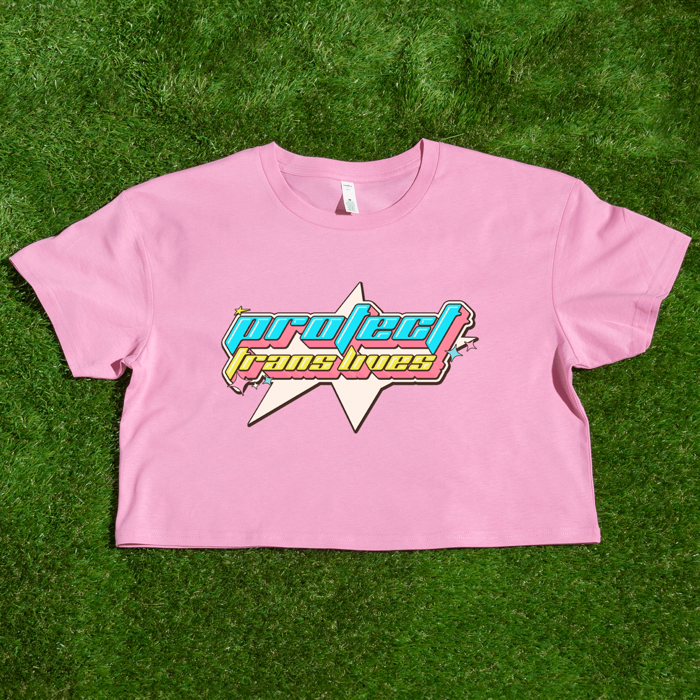 Bubblegum Pink AS Colour crop tee with Y2K PROTECT TRANS LIVES design print