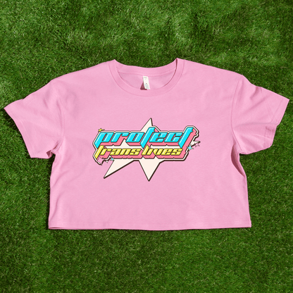 Bubblegum Pink AS Colour crop tee with Y2K PROTECT TRANS LIVES design print
