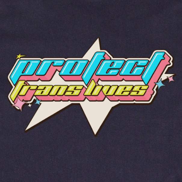 The Protect Trans Lives 2026 - Local hand printed t-shirt features bold, stylized “protect trans lives” text in blue, yellow, and pink with a star and sparkles printed on AS Colour t-shirts
