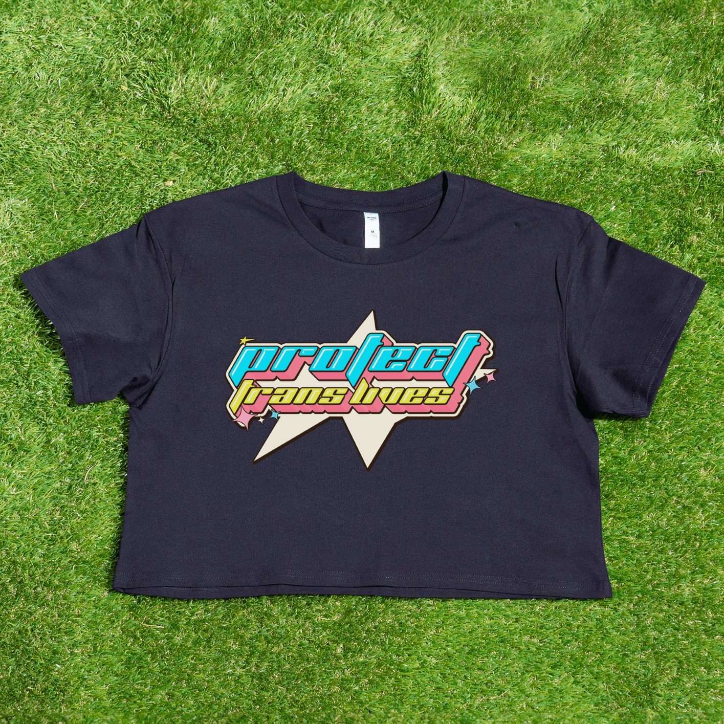 Black AS Colour crop tee with Y2K PROTECT TRANS LIVES design print