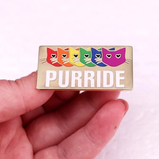 Pride badge 'PURRIDE' with rainbow cats