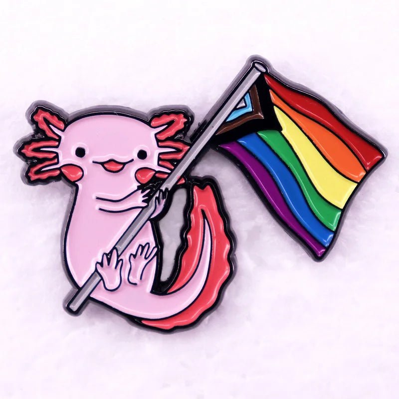 Pink axolotl holding a rainbow pride flag badge