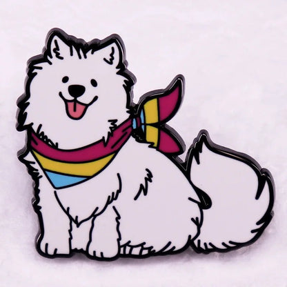 White dog wearing a pansexual pride flag bandanna