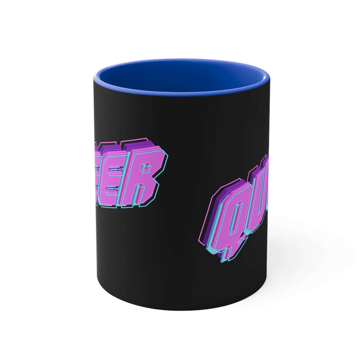 Introducing the "QUEER vibrant neon text - colourful accent mug" by Printify: a striking black mug with "QUEER" boldly displayed in vibrant neon purple and blue 3D letters, set against the dark background. The captivating design features partially visible text on the left side due to the angle of the image.