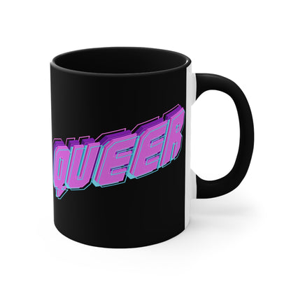 Introducing the "QUEER vibrant neon text - colourful accent mug" by Printify: a striking black mug with "QUEER" boldly displayed in vibrant neon purple and blue 3D letters, set against the dark background. The captivating design features partially visible text on the left side due to the angle of the image.