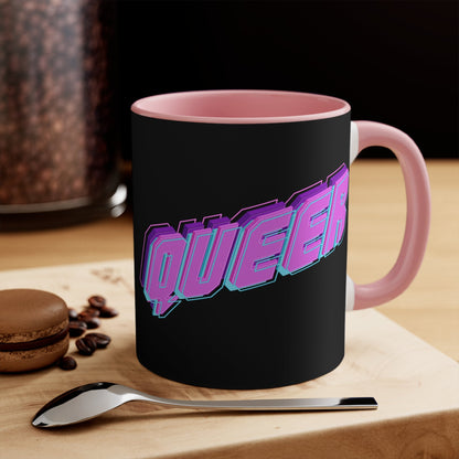 Introducing the "QUEER vibrant neon text - colourful accent mug": a striking black mug with "QUEER" boldly displayed in vibrant neon purple and blue 3D letters, set against the dark background. The captivating design is original and the perfect pride gift