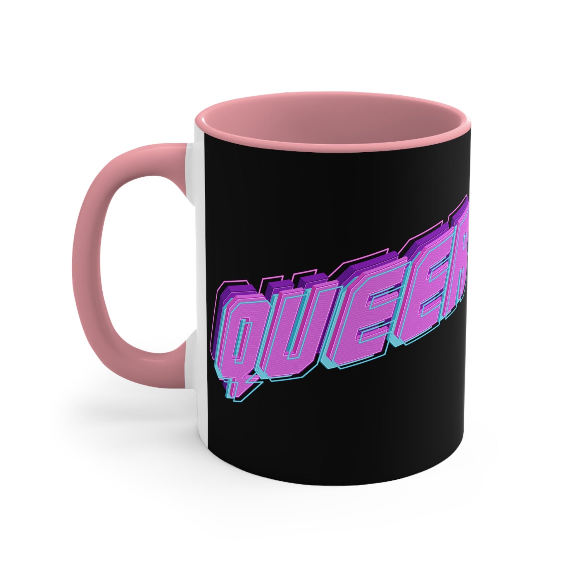 Introducing the "QUEER vibrant neon text - colourful accent mug": a striking black mug with "QUEER" boldly displayed in vibrant neon purple and blue 3D letters, set against the dark background. The captivating design is original and the perfect pride gift