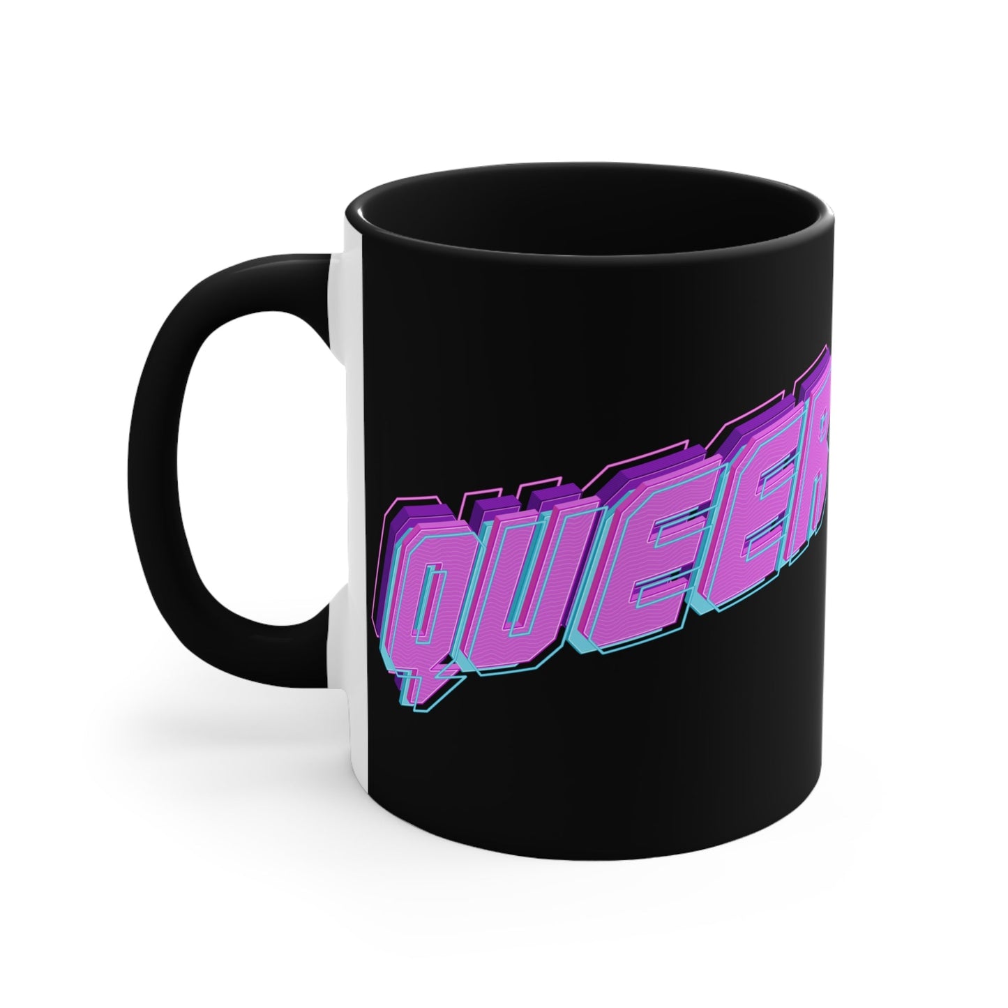 Introducing the "QUEER vibrant neon text - colourful accent mug": a striking black mug with "QUEER" boldly displayed in vibrant neon purple and blue 3D letters, set against the dark background. The captivating design is original and the perfect pride gift