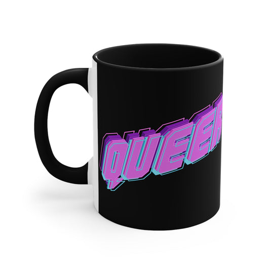 Introducing the "QUEER vibrant neon text - colourful accent mug": a striking black mug with "QUEER" boldly displayed in vibrant neon purple and blue 3D letters, set against the dark background. The captivating design is original and the perfect pride gift