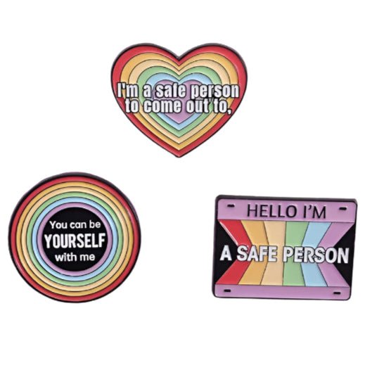 Three rainbow pride LGBT ALLY pins saying I'm A Safe Person