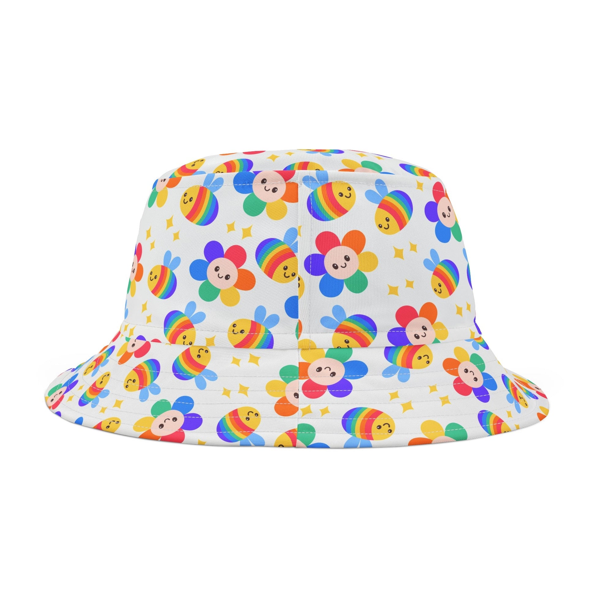 The Rainbow Bees and Flowers Bucket Hat - Subtle Pride Wear by Printify is a vibrant polyester accessory featuring a pattern of smiling bee-like characters in rainbow colors and flowers on a white background. Scattered golden star accents enhance the design. Available in two sizes, this hat boasts a wide brim and cylindrical crown.