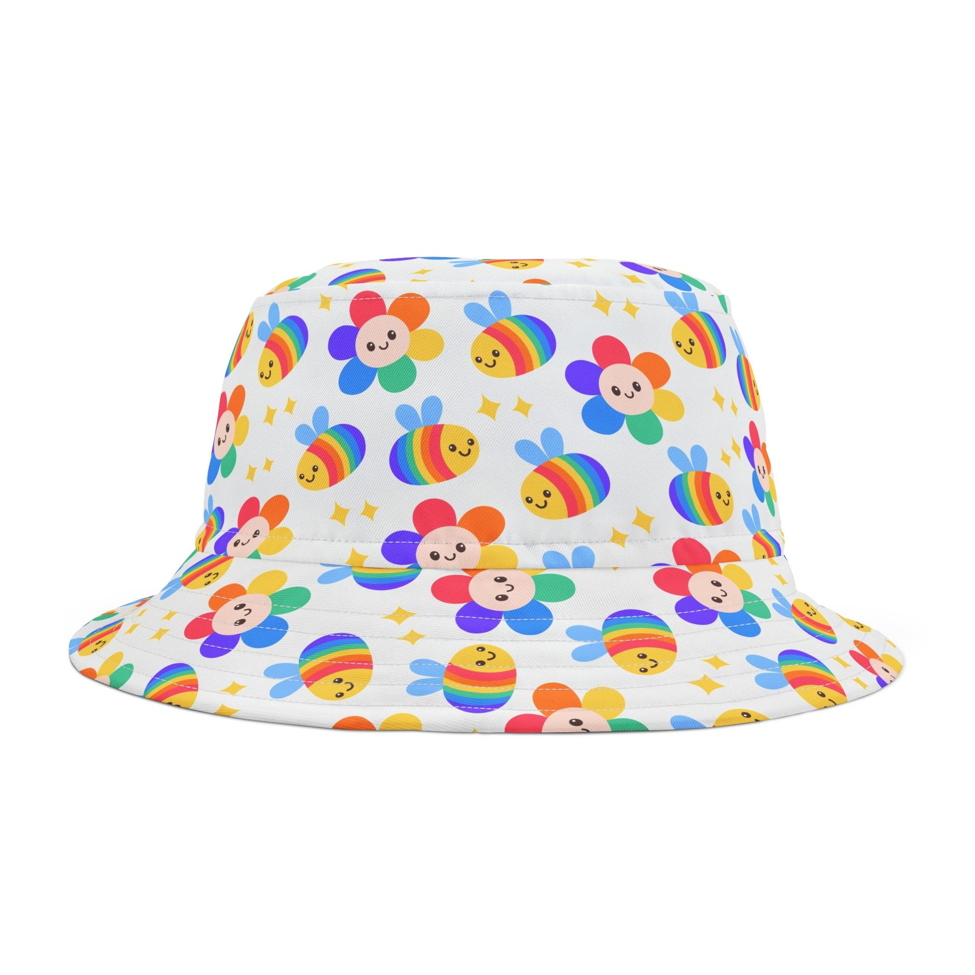 The Rainbow Bees and Flowers Bucket Hat - Subtle Pride Wear by Printify is a vibrant polyester accessory featuring a pattern of smiling bee-like characters in rainbow colors and flowers on a white background. Scattered golden star accents enhance the design. Available in two sizes, this hat boasts a wide brim and cylindrical crown.